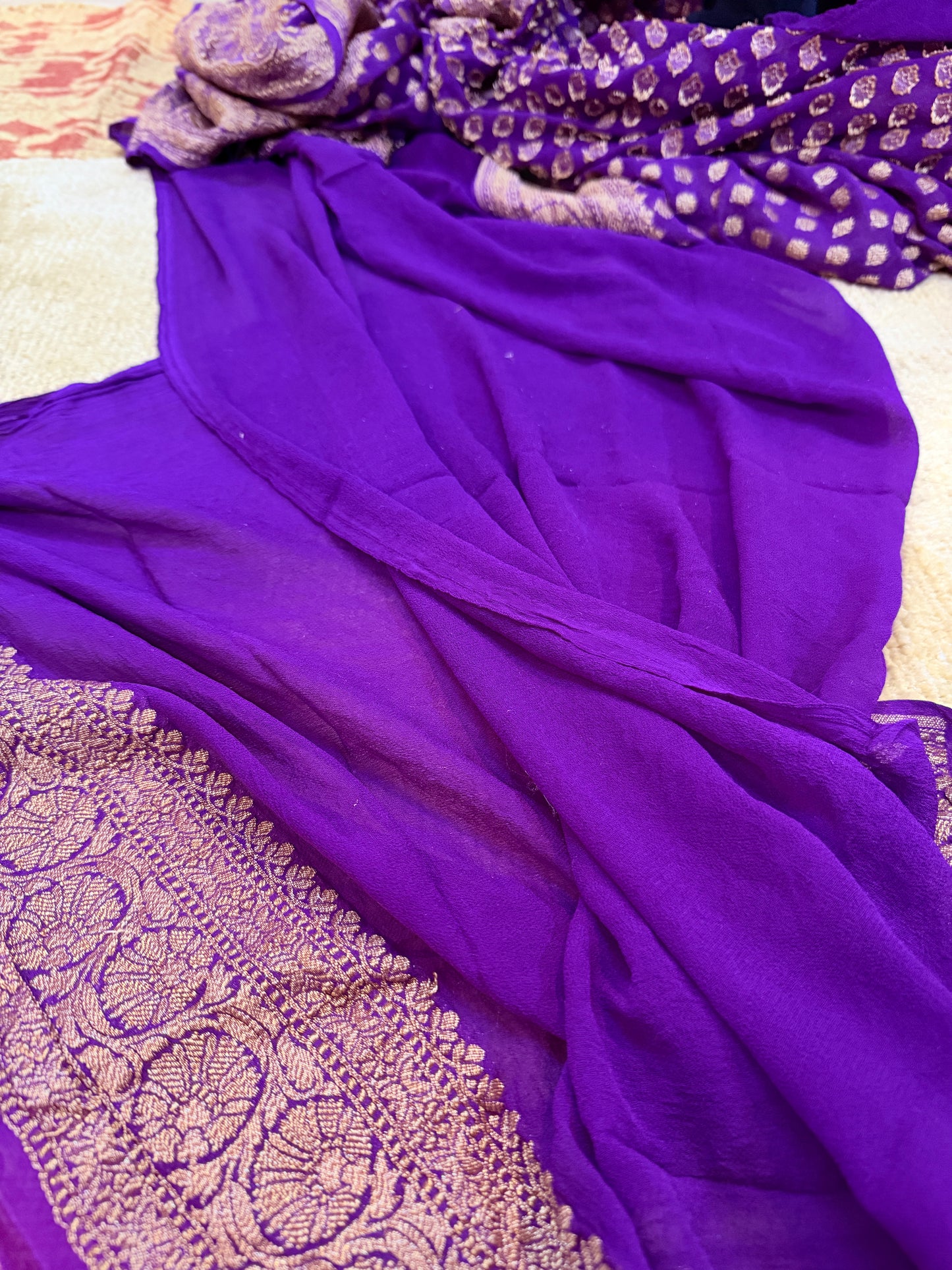 Purple Pure Khaddi Georgette Handloom Banarasi Saree with Antique Zari Butis