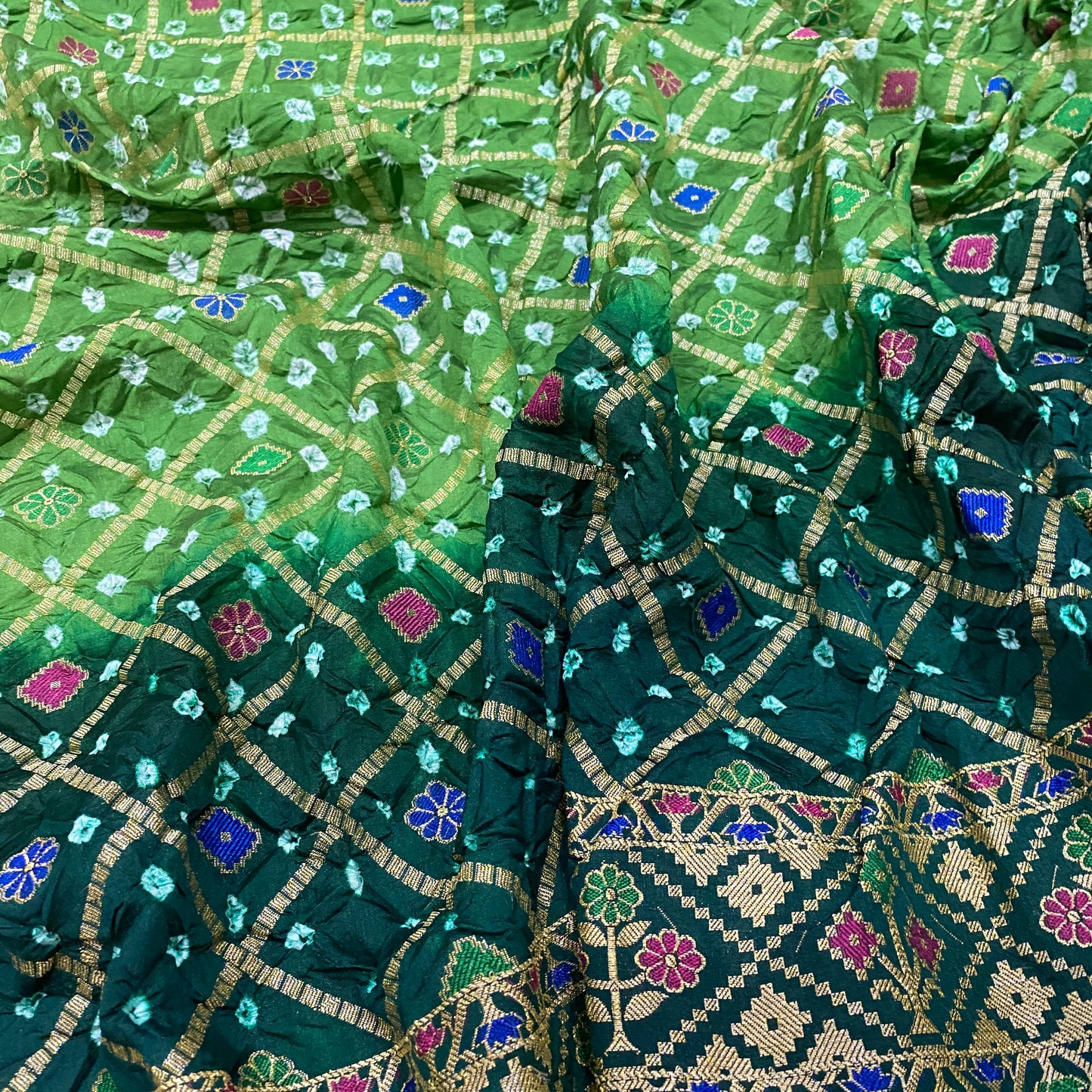 Light & Dark Green Pure Georgette Bandhani Banarasi Saree with Minakari Weaving
