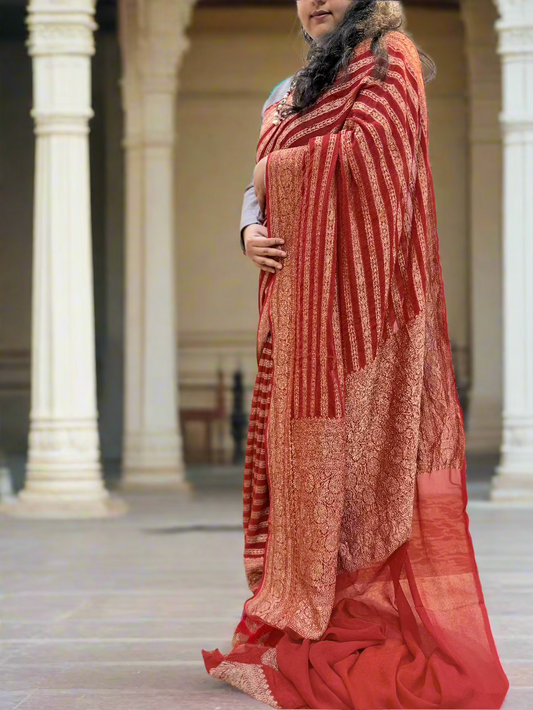 Red Pure Khaddi Georgette Handloom Banarasi Saree with Antique Zari Stripes