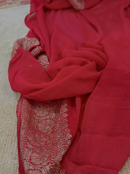 Red Pure Khaddi Georgette Handloom Banarasi Saree with Antique Zari Stripes