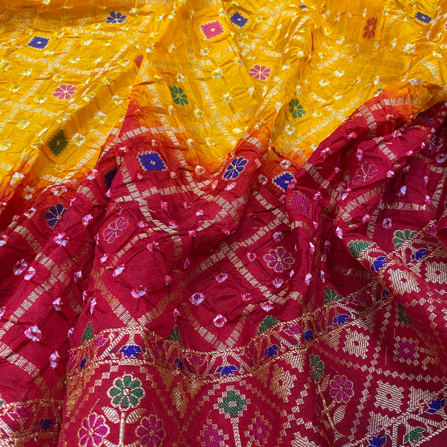 Yellow & Red Pure Georgette Bandhani Banarasi Saree with Minakari Weaving