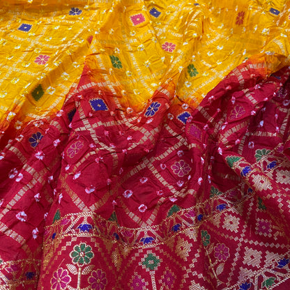 Yellow & Red Pure Georgette Bandhani Banarasi Saree with Minakari Weaving