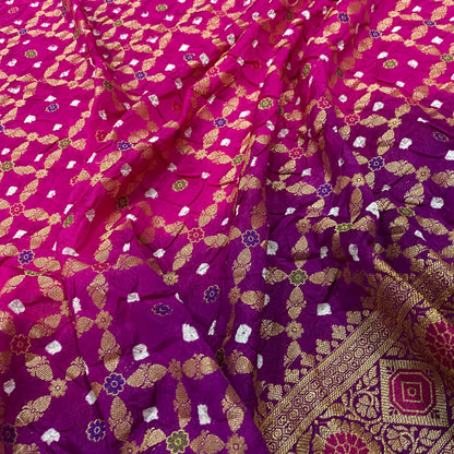 Pink & Purple Pure Georgette Bandhani Banarasi Saree with Minakari Weaving