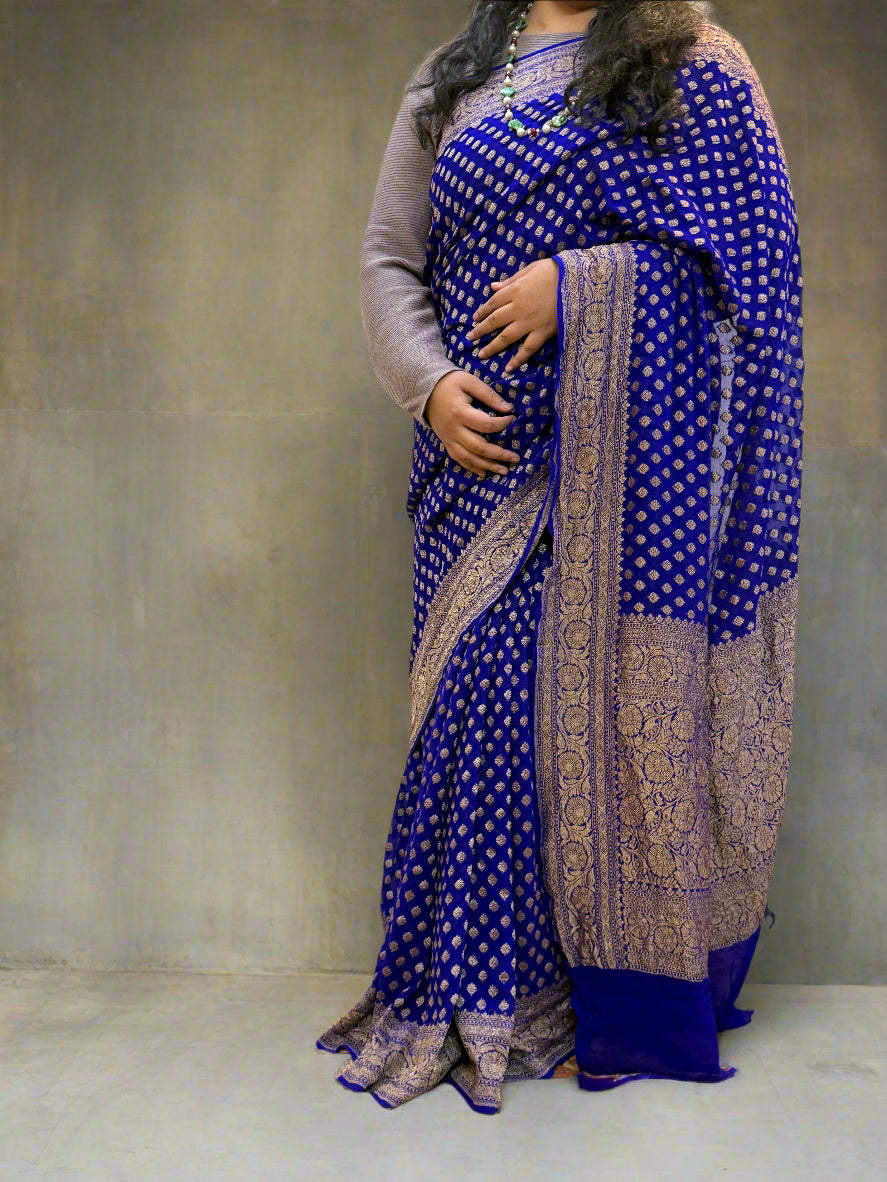 Royal Blue Pure Khaddi Georgette Handloom Banarasi Saree with Antique Zari Butis