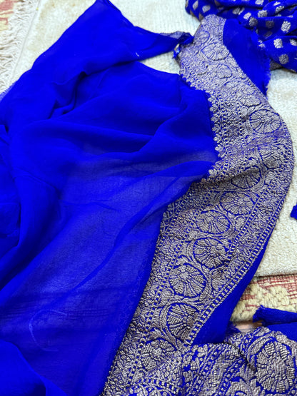 Royal Blue Pure Khaddi Georgette Handloom Banarasi Saree with Antique Zari Butis