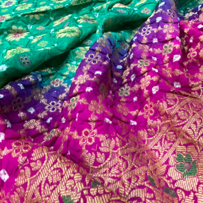 Green & Pink Pure Georgette Bandhani Banarasi Saree with Minakari Weaving