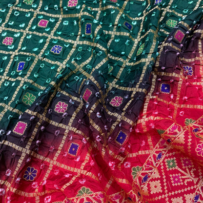 Dark Green & Red Pure Georgette Bandhani Banarasi Saree with Minakari Weaving