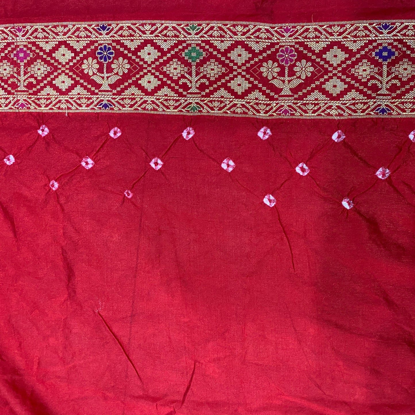 Dark Green & Red Pure Georgette Bandhani Banarasi Saree with Minakari Weaving