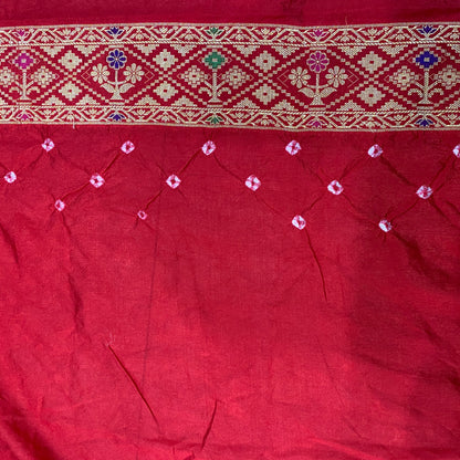Dark Green & Red Pure Georgette Bandhani Banarasi Saree with Minakari Weaving