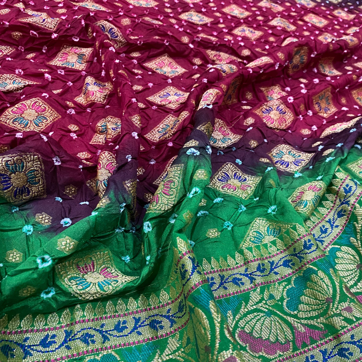 Maroon & Green Pure Georgette Bandhani Banarasi Saree with Minakari Weaving