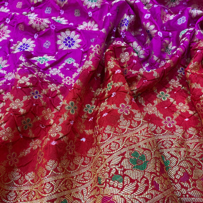Pink & Red Pure Georgette Bandhani Banarasi Saree with Minakari Weaving