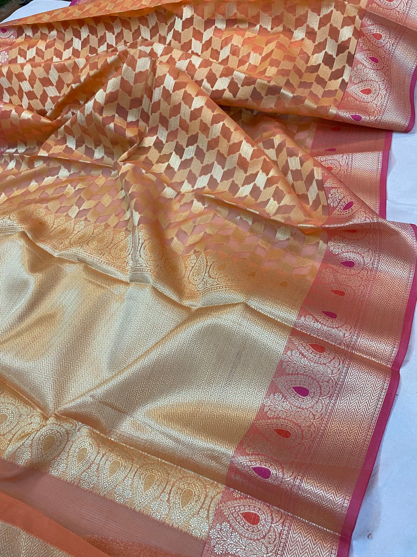 Pastel Dream: Peach and Pink Pure Kora Handloom Banarasi Saree by Shades Of Benares - banarasi - banarasi saree shop