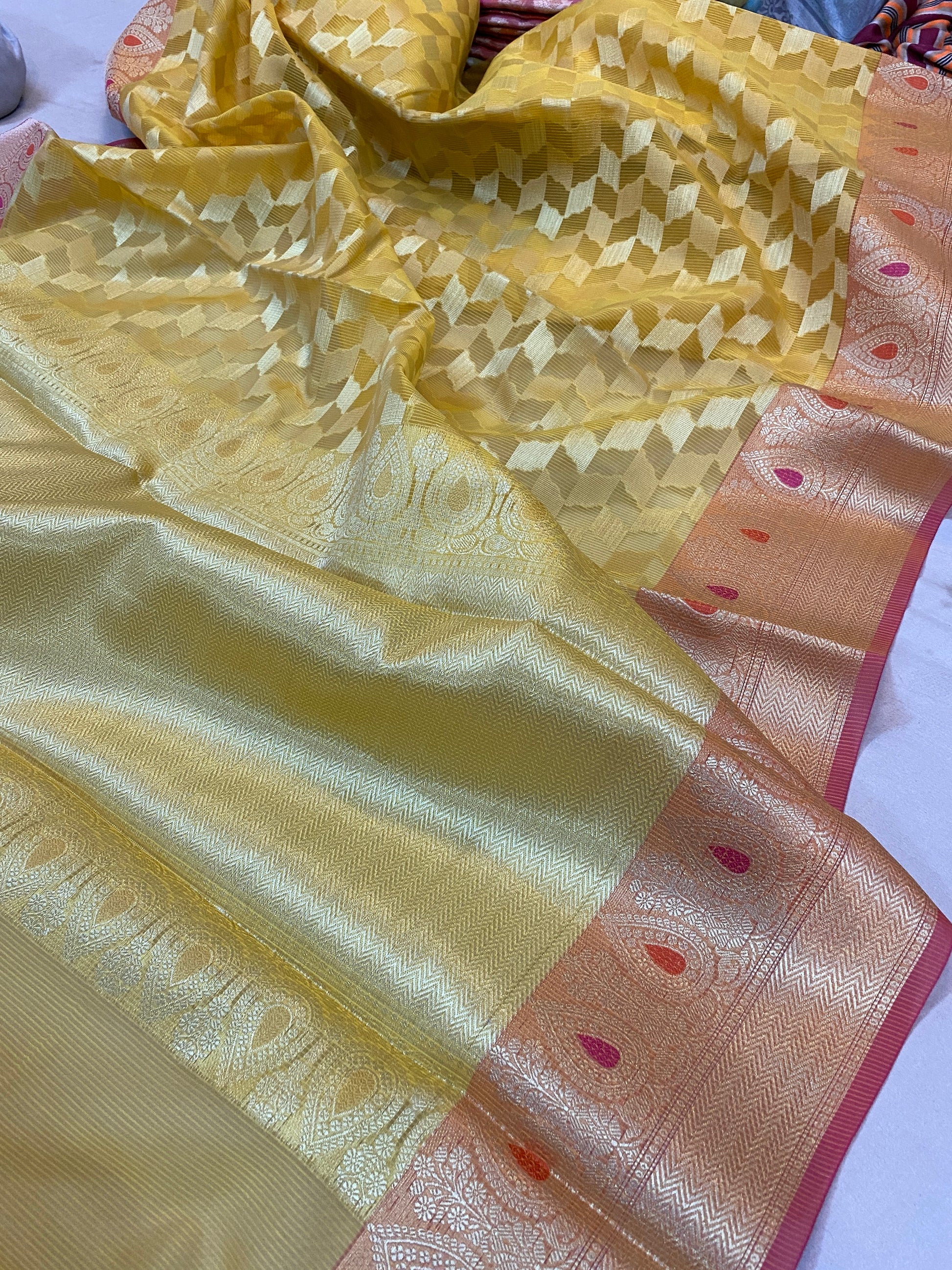 Golden Glow: Yellow Pure Kora Silk Handloom Banarasi Saree by Shades Of Benares - banarasi - banarasi saree shop