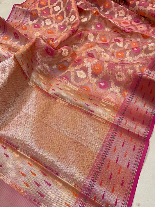 Pink Tilfi Jaal Pure Kora Silk Handloom Banarasi Saree by shades of benaras: Exquisite pink silk saree with intricate tilfi jaal design. Handwoven with pure kora silk.