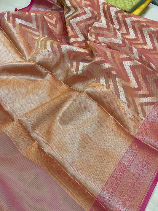 Pink Stripes Pure Kora Silk Handloom Banarasi Sari by shades of benaras