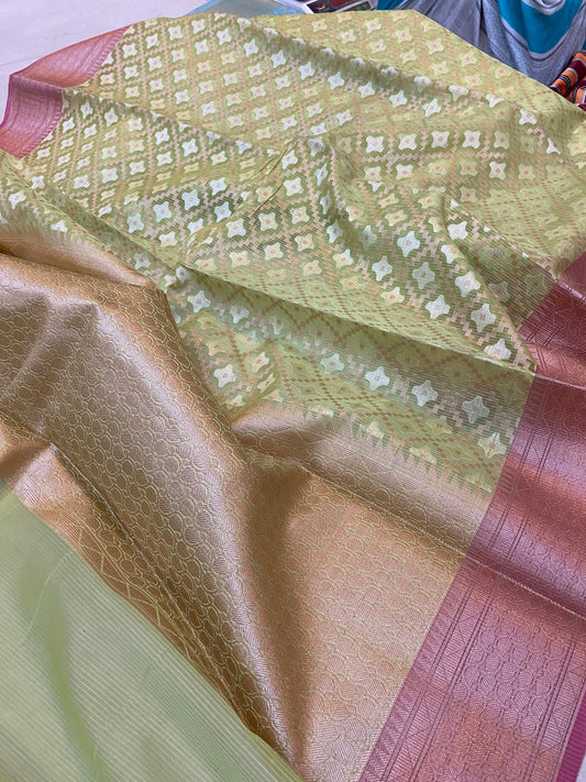 Green Pure Kora Silk Handloom Banarasi Sari with Gold and Silver Jaal - a stunning traditional attire by shades of benaras.