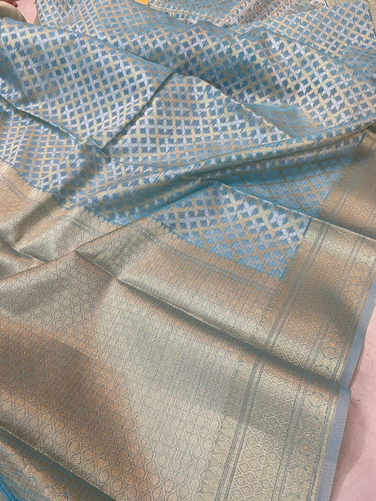 Blue Pure Kora Silk Handloom Banarasi Sari with Gold and Silver Jaal by shades of benaras.