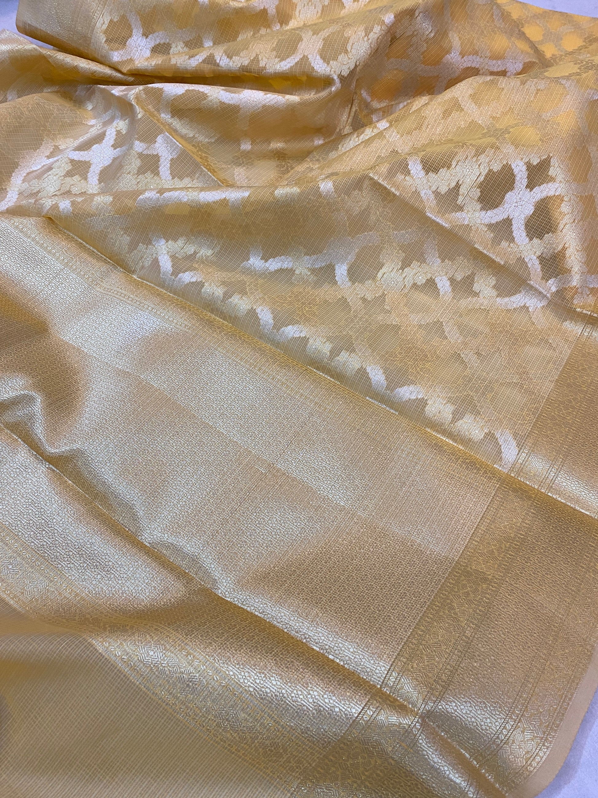 Gold Pure Kora Silk Handloom Banarasi Sari with Gold and Silver Jaal by Shades Of Benares - banarasi - banarasi saree shop