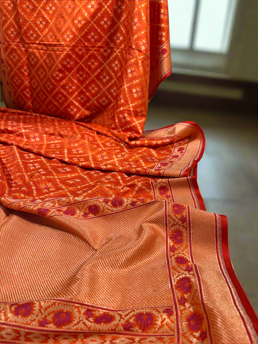 Orange Pure Katan Silk Handloom Banarasi Saree with Ghatchola Design by Shades Of Benares - banarasi - banarasi saree shop - banarasi saree manufacturers - banarasi saree wholesale - banaraasi sarees - banarasi sari - banarasi saris - silk saree - silk sari - wedding saree - wedding sari - designer sari - wedding collection - gifting