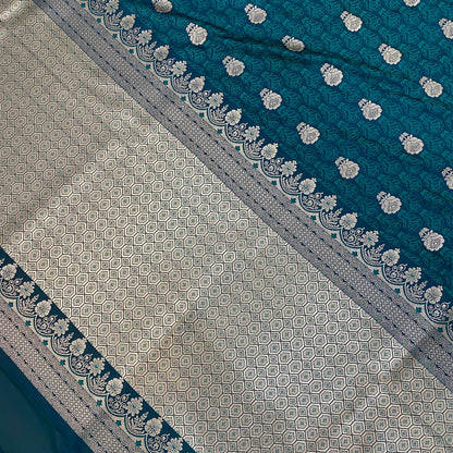 Luxe Teal Blue Pure Silk Handwoven Banarasi Couture Saree