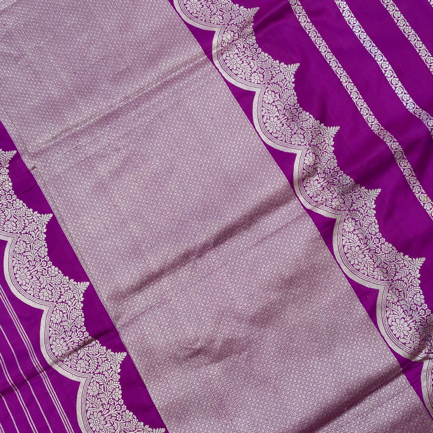 The Royal Violet Stripe Couture: Pure Silk Kadhua Banarasi Saree with Scallop Detailing by Shades Of Banaras - banarasi - banarasi saree shop - banarasi saree manufacturers - banarasi saree wholesale - banaraasi sarees - banarasi sari - banarasi saris