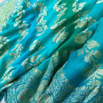 Celestial Blue Striped Luxe — Pure Khaddi Georgette Rangkaat Banarasi Saree by Shades Of Banaras - banarasi - banarasi saree shop - banarasi saree manufacturers - banarasi saree wholesale - banaraasi sarees - banarasi sari - banarasi saris