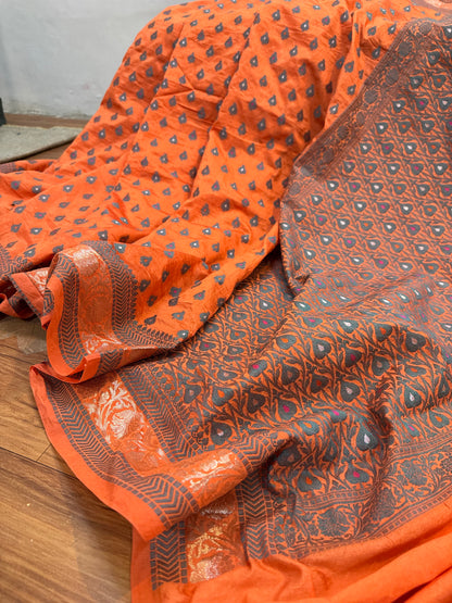 Pastel Orange Summer Silk Handloom Banarasi Saree with Blue Butis by Shades Of Benares - banarasi - banarasi saree shop - banarasi saree manufacturers - banarasi saree wholesale - banaraasi sarees