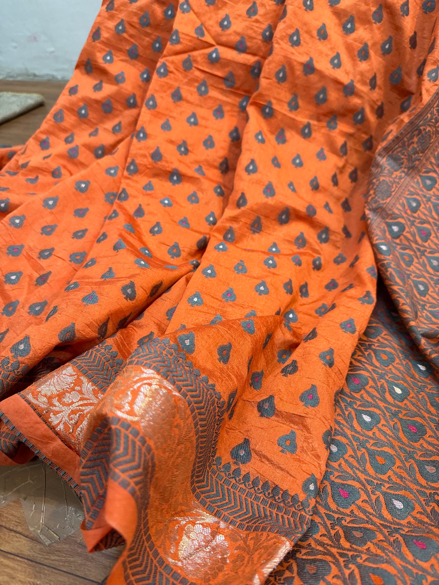 Pastel Orange Summer Silk Handloom Banarasi Saree with Blue Butis by Shades Of Benares - banarasi - banarasi saree shop - banarasi saree manufacturers - banarasi saree wholesale - banaraasi sarees