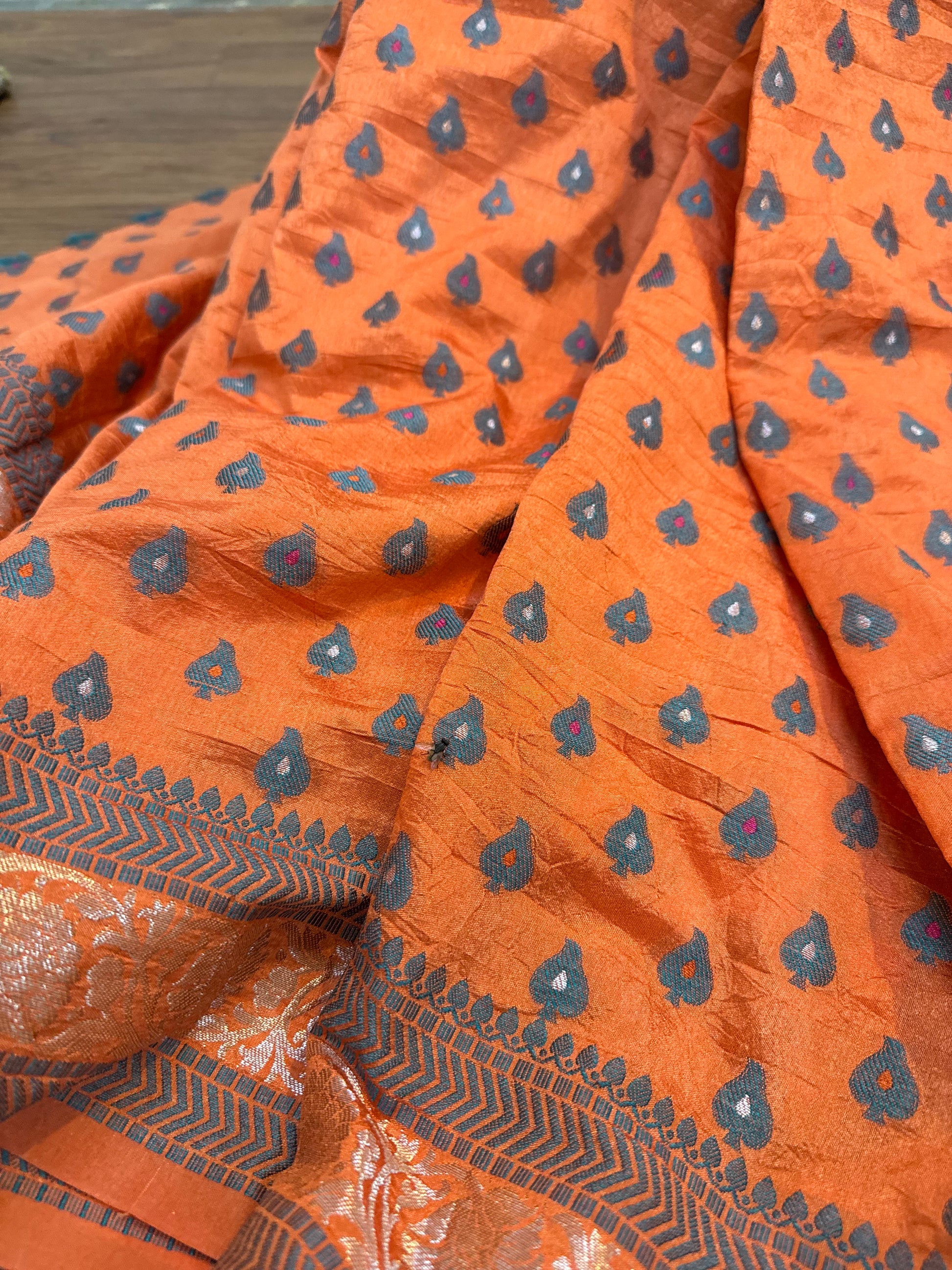 Pastel Orange Summer Silk Handloom Banarasi Saree with Blue Butis by Shades Of Benares - banarasi - banarasi saree shop - banarasi saree manufacturers - banarasi saree wholesale - banaraasi sarees