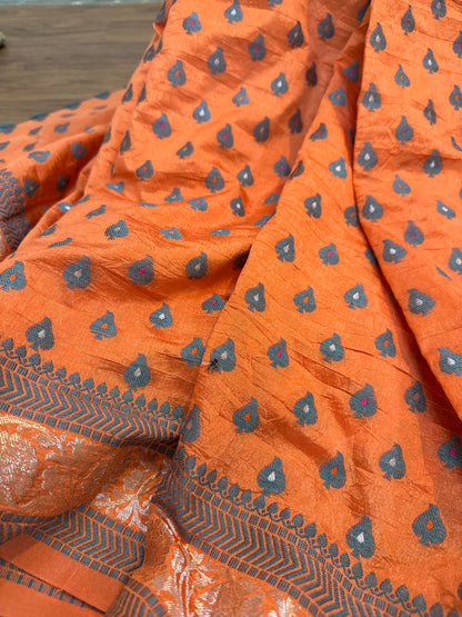 Pastel Orange Summer Silk Handloom Banarasi Saree with Blue Butis by Shades Of Benares - banarasi - banarasi saree shop - banarasi saree manufacturers - banarasi saree wholesale - banaraasi sarees