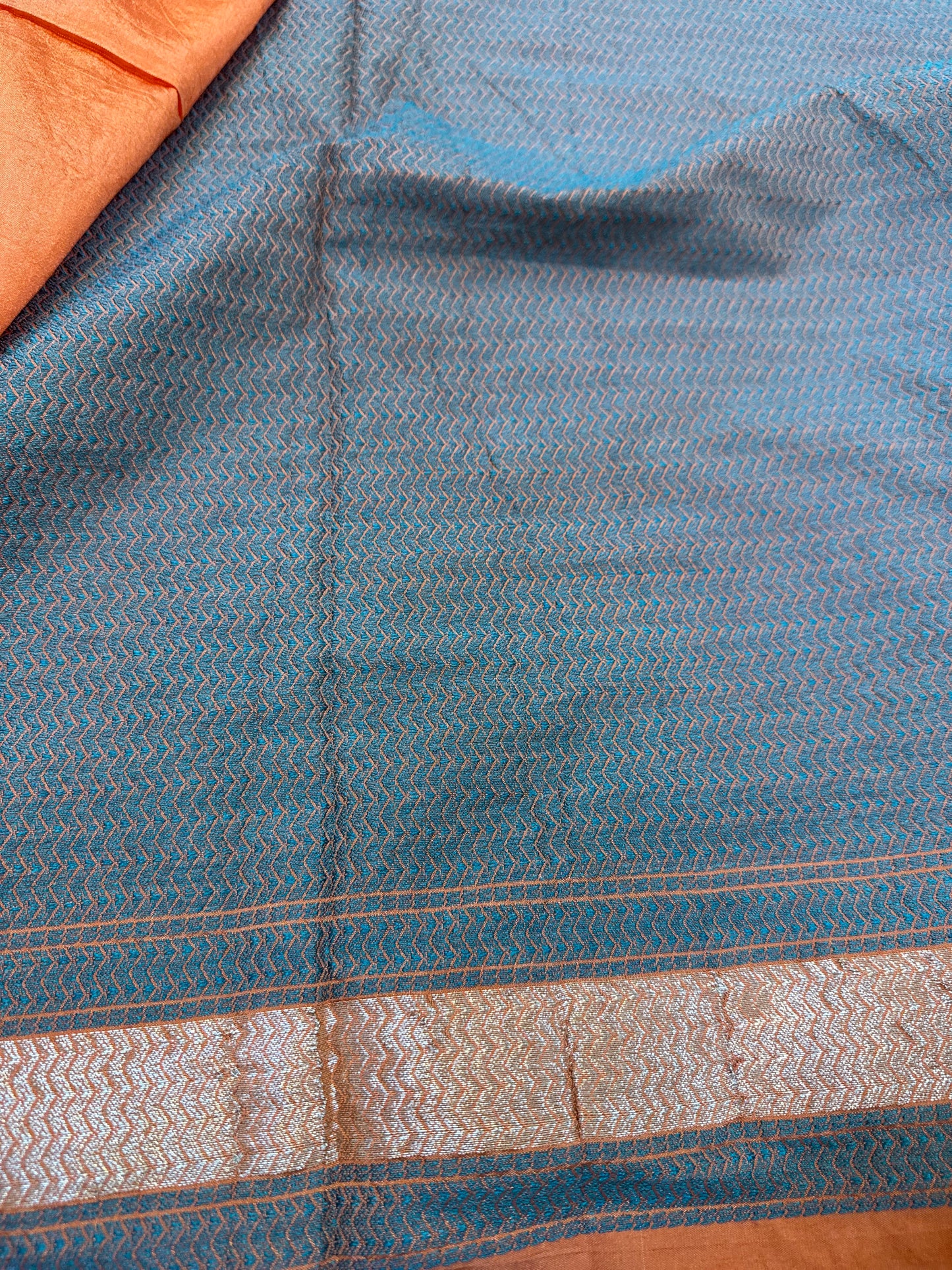 Pastel Orange Summer Silk Handloom Banarasi Saree with Blue Butis by Shades Of Benares - banarasi - banarasi saree shop - banarasi saree manufacturers - banarasi saree wholesale - banaraasi sarees