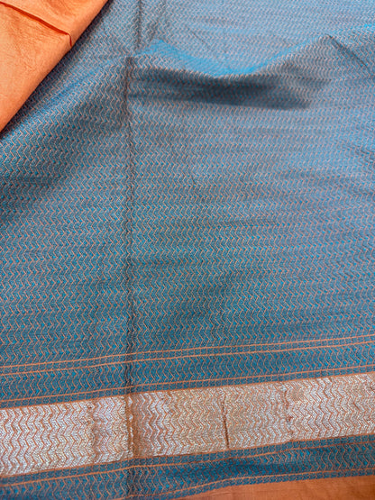 Pastel Orange Summer Silk Handloom Banarasi Saree with Blue Butis by Shades Of Benares - banarasi - banarasi saree shop - banarasi saree manufacturers - banarasi saree wholesale - banaraasi sarees