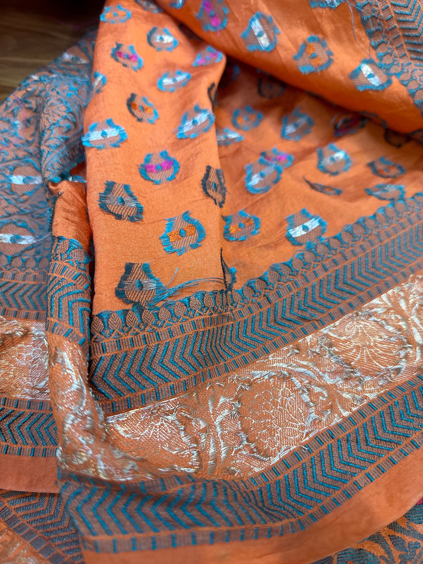 Pastel Orange Summer Silk Handloom Banarasi Saree with Blue Butis by Shades Of Benares - banarasi - banarasi saree shop - banarasi saree manufacturers - banarasi saree wholesale - banaraasi sarees