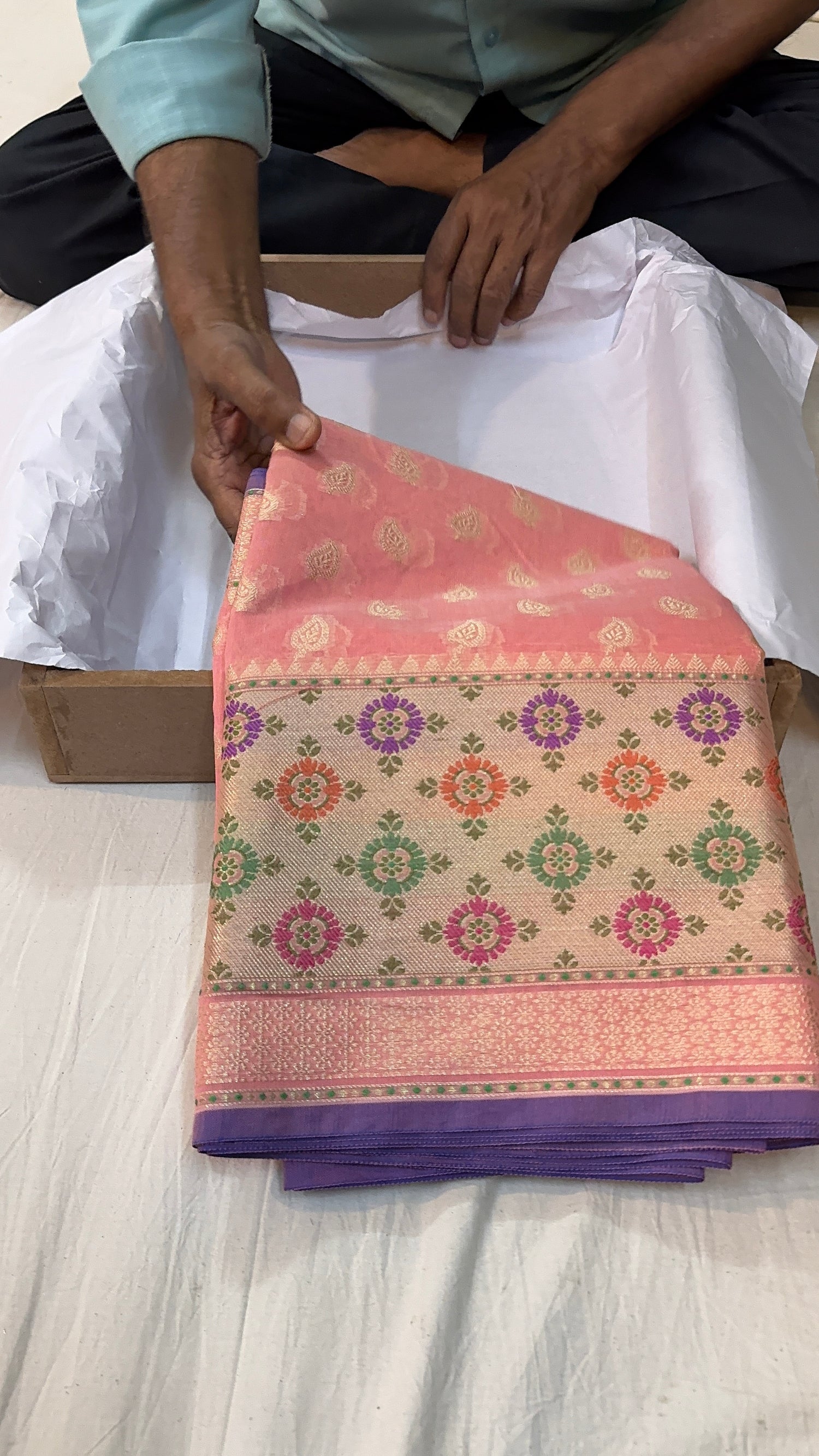 Baby Pink Pure Cotton Handloom Banarasi Saree with Tilfi Border by Shades Of Benares - banarasi - banarasi saree shop - banarasi saree manufacturers - banarasi saree wholesale - banaraasi sarees