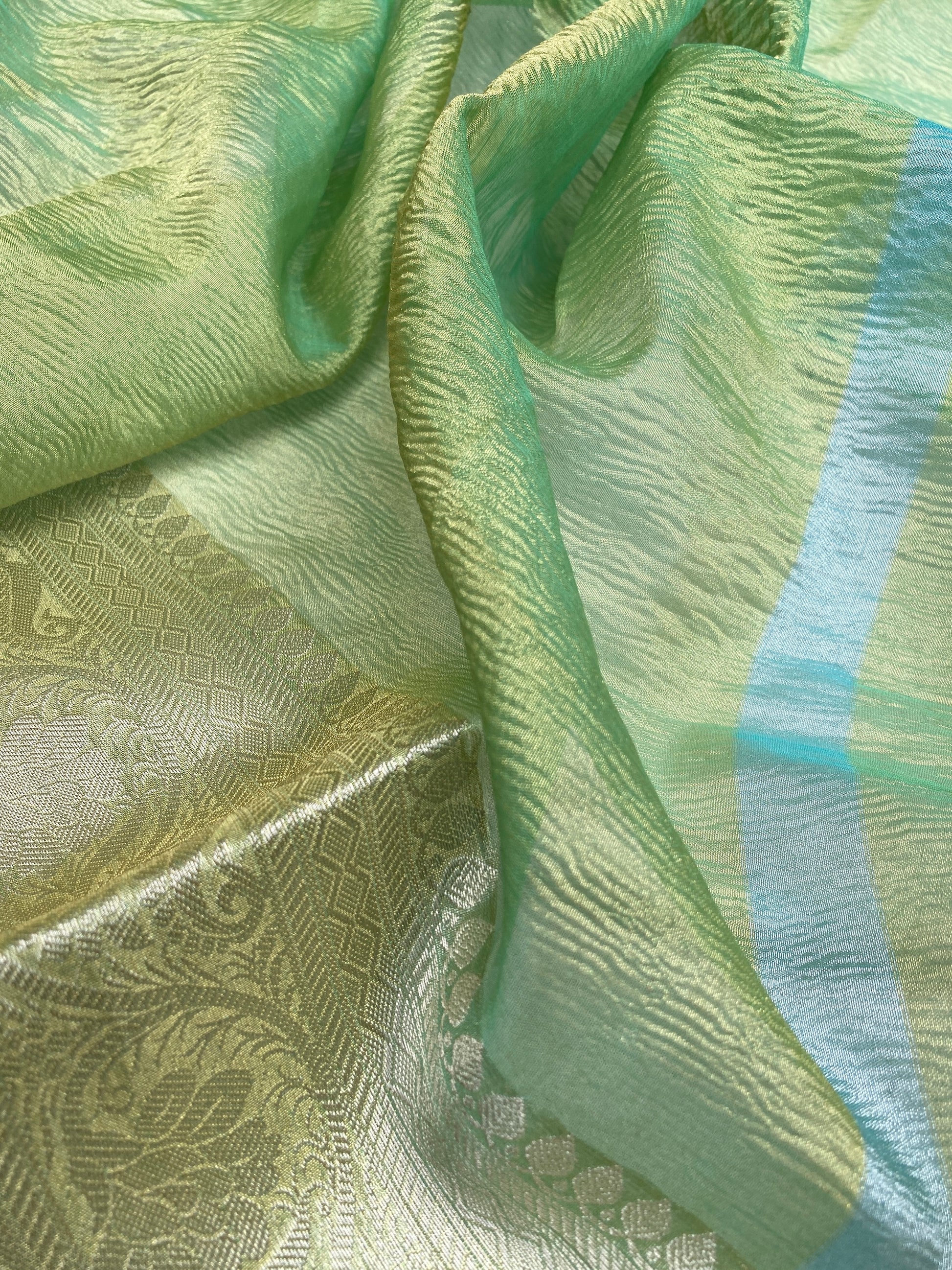 Elegant Green Pure Crushed Tissue Handloom Banarasi Saree by Shades Of Benares - banarasi - banarasi saree shop