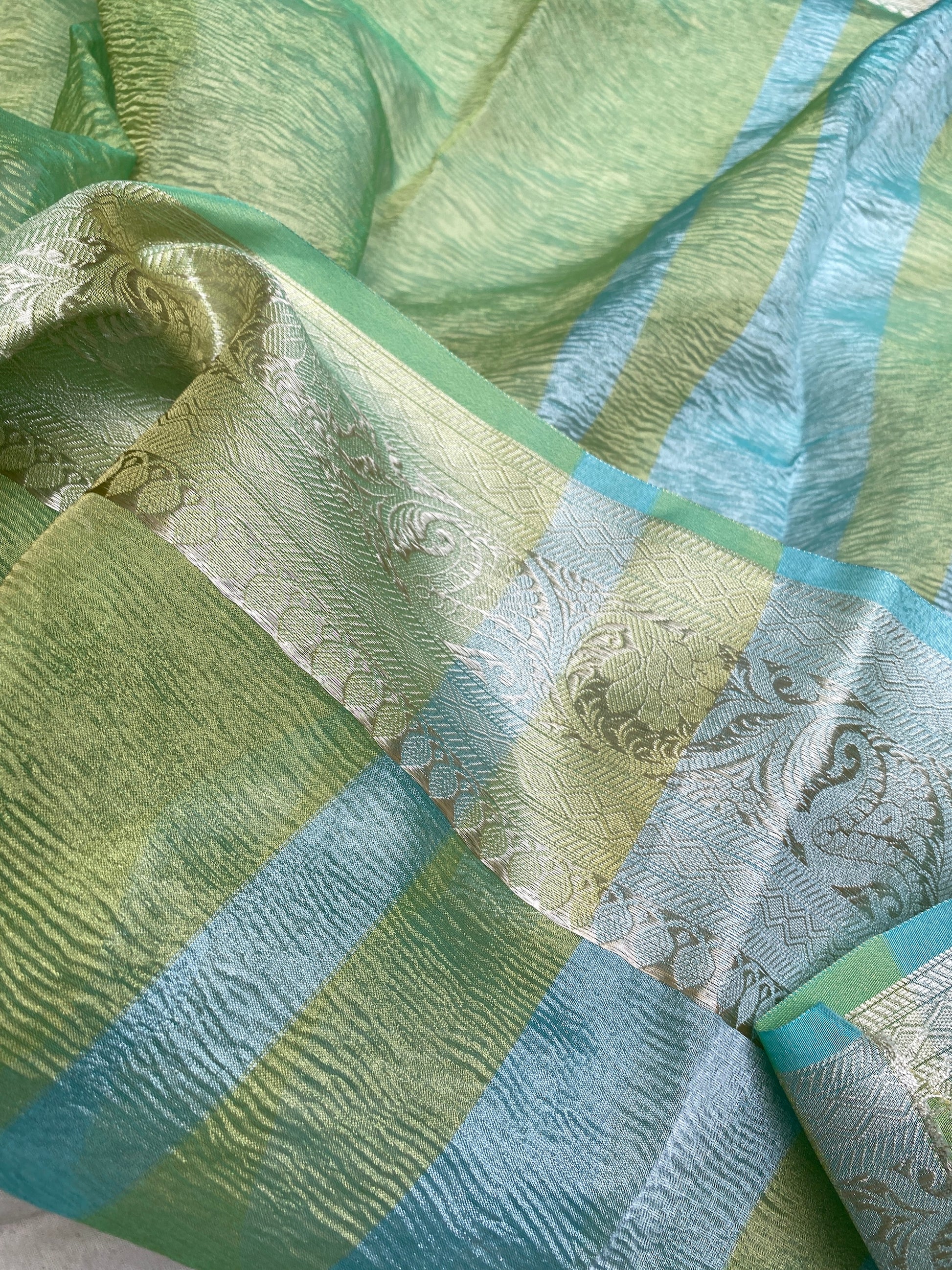 Elegant Green Pure Crushed Tissue Handloom Banarasi Saree by Shades Of Benares - banarasi - banarasi saree shop