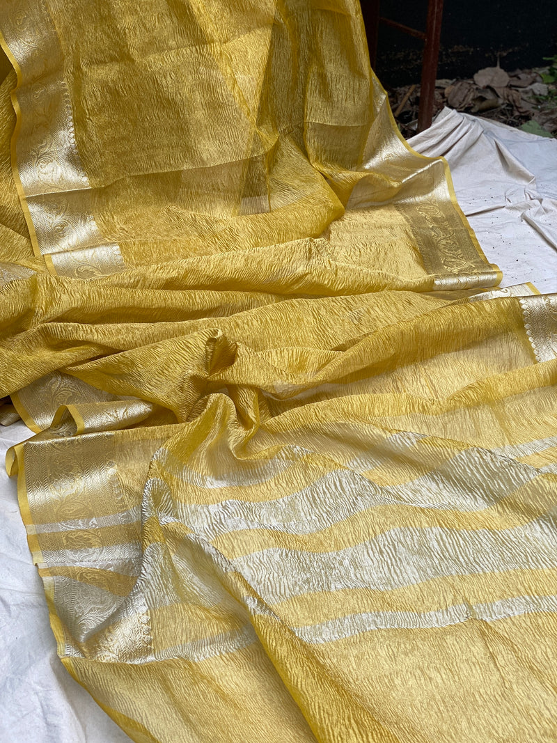 Yellow Pure Crushed Tissue Handloom Banarasi Saree by Shades Of Benares - banarasi - banarasi saree shop