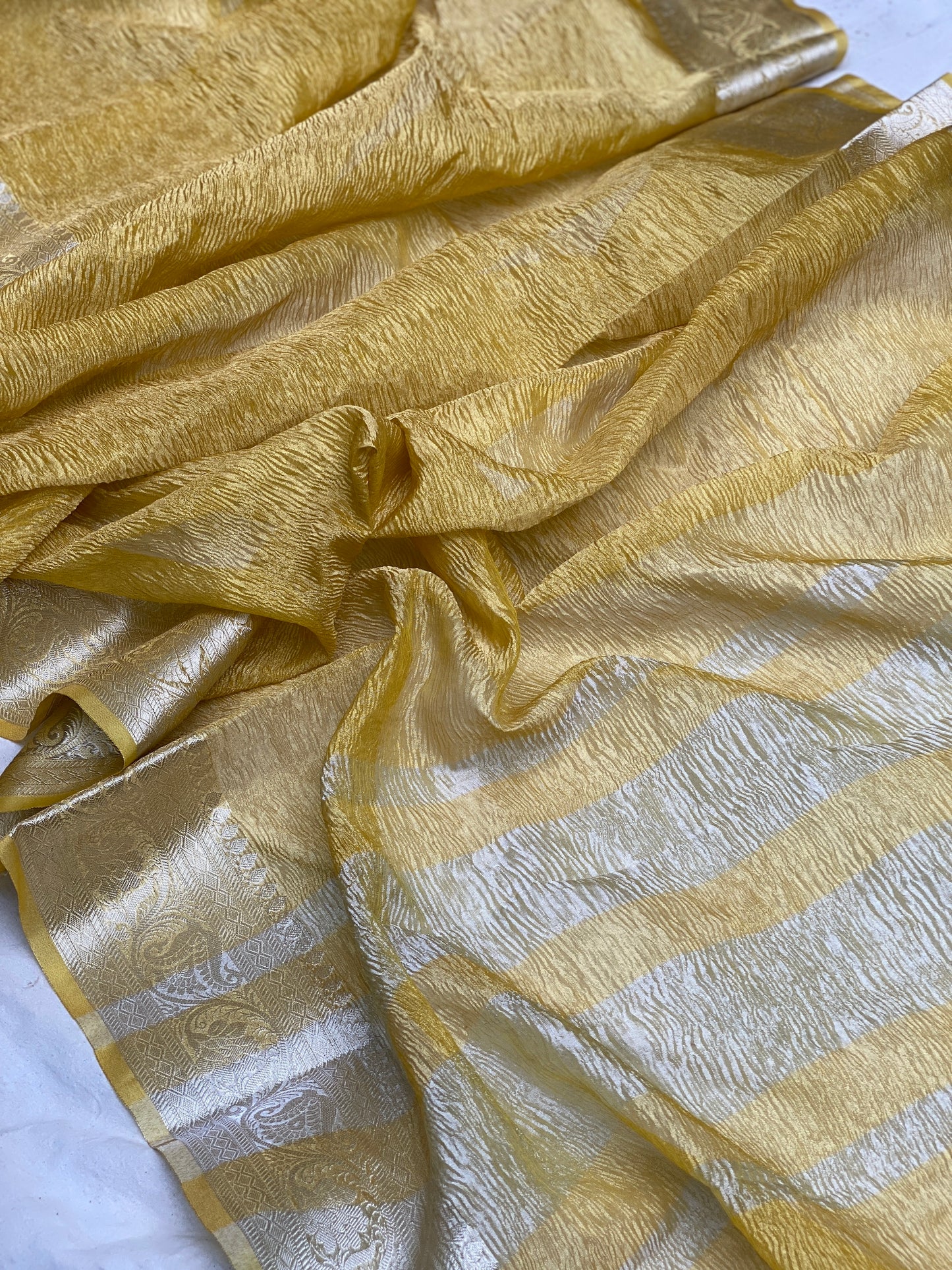 Yellow Pure Crushed Tissue Handloom Banarasi Saree by Shades Of Benares - banarasi - banarasi saree shop