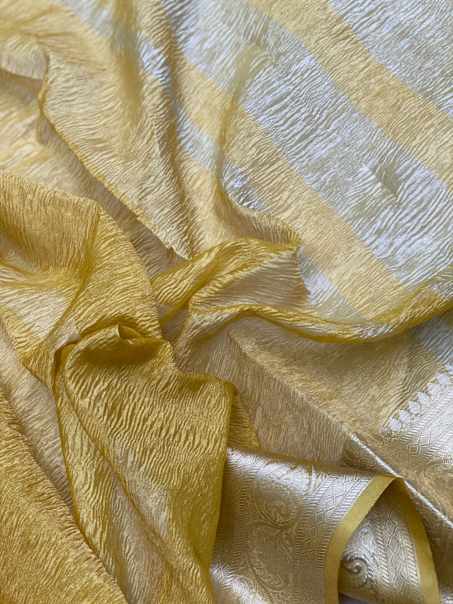 Yellow Pure Crushed Tissue Handloom Banarasi Saree by Shades Of Benares - banarasi - banarasi saree shop