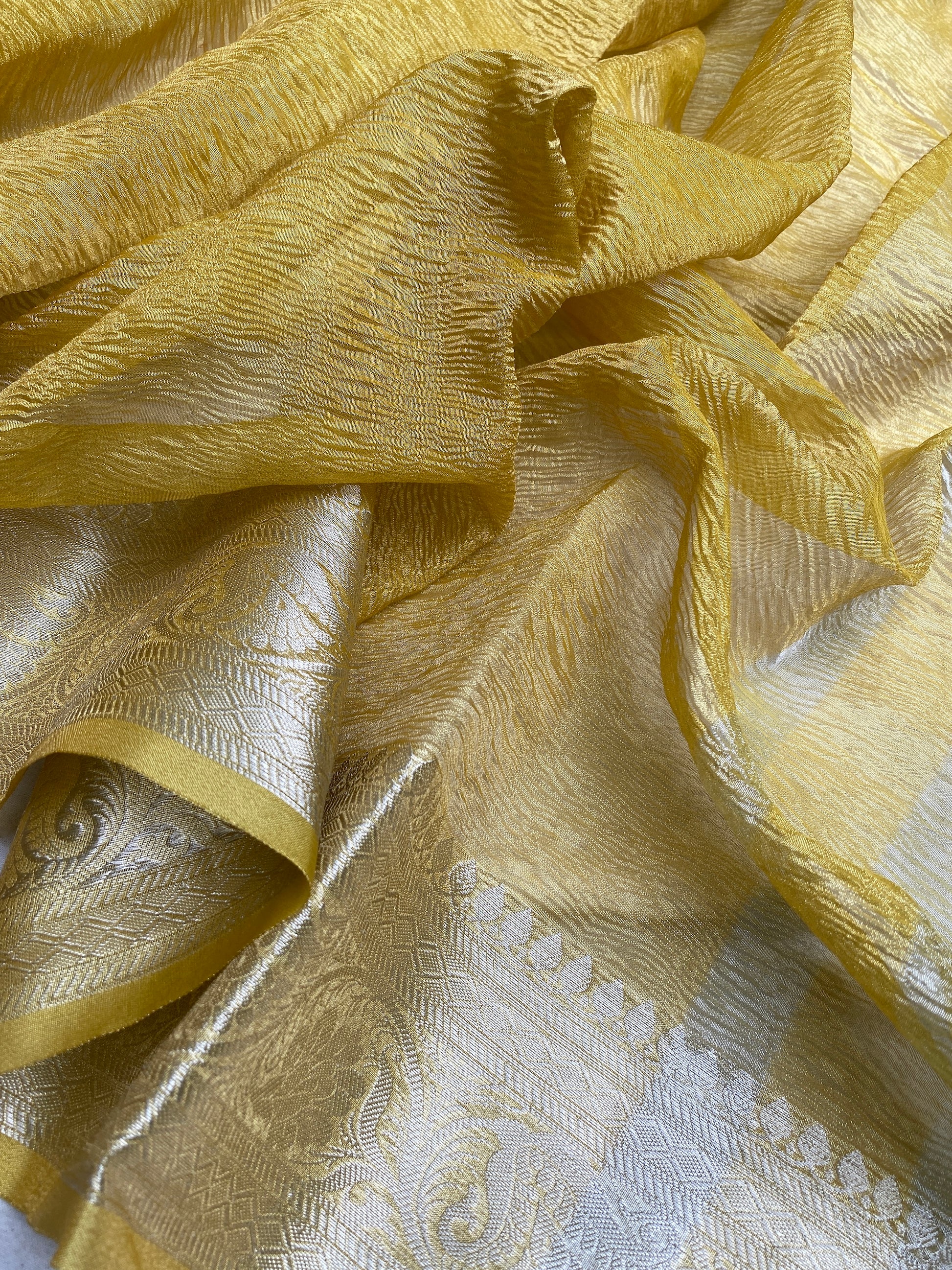 Yellow Pure Crushed Tissue Handloom Banarasi Saree by Shades Of Benares - banarasi - banarasi saree shop