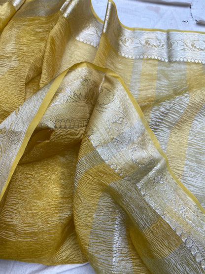 Yellow Pure Crushed Tissue Handloom Banarasi Saree by Shades Of Benares - banarasi - banarasi saree shop