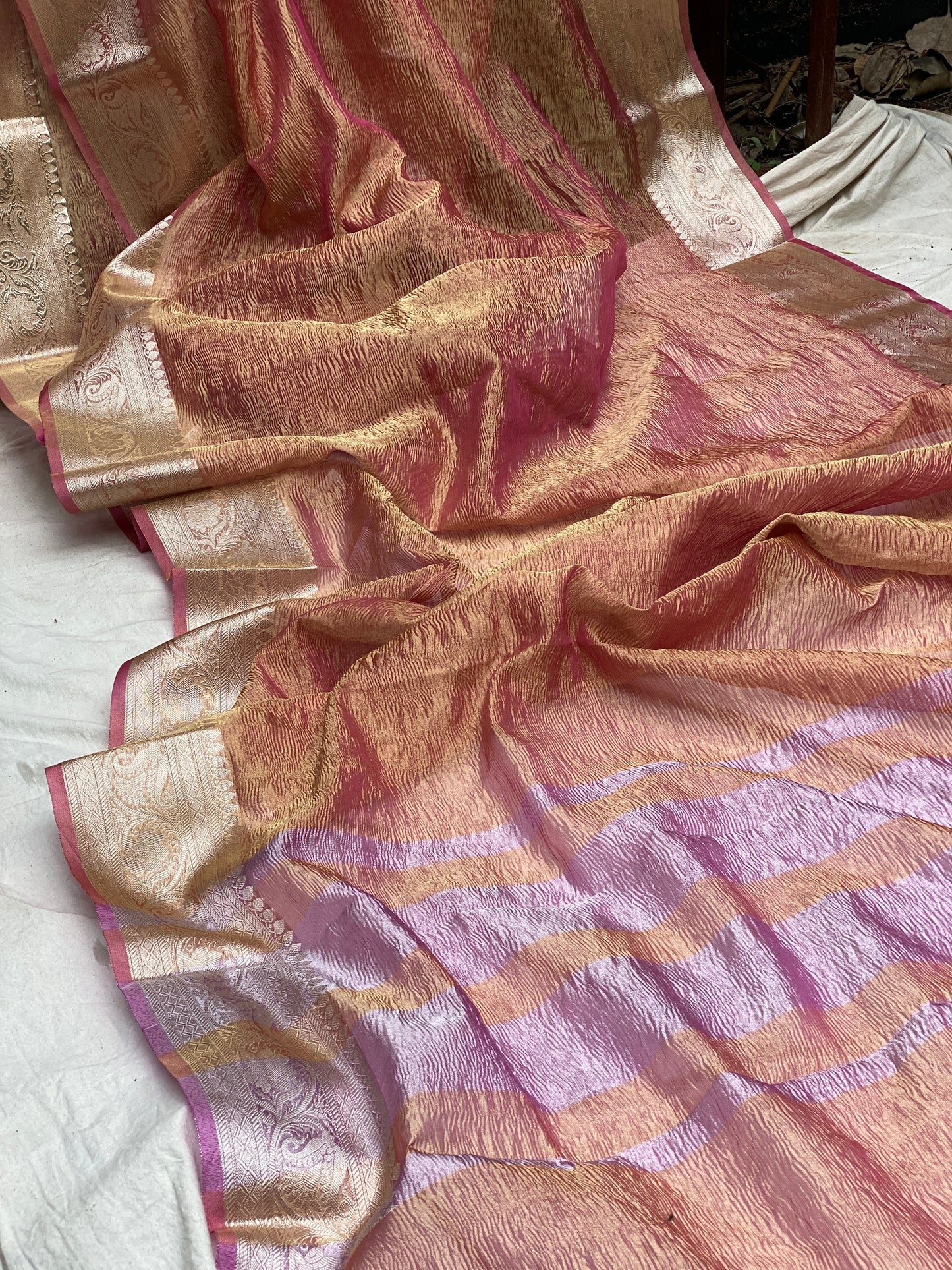 Peachish Pink Pure Crushed Tissue Handloom Banarasi Saree by Shades Of Benares - banarasi - banarasi saree shop