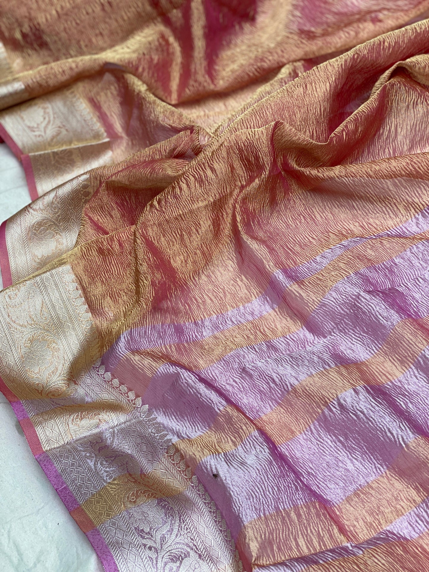 Peachish Pink Pure Crushed Tissue Handloom Banarasi Saree by Shades Of Benares - banarasi - banarasi saree shop