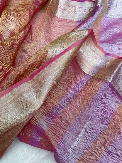 Peachish Pink Pure Crushed Tissue Handloom Banarasi Saree by Shades Of Benares - banarasi - banarasi saree shop