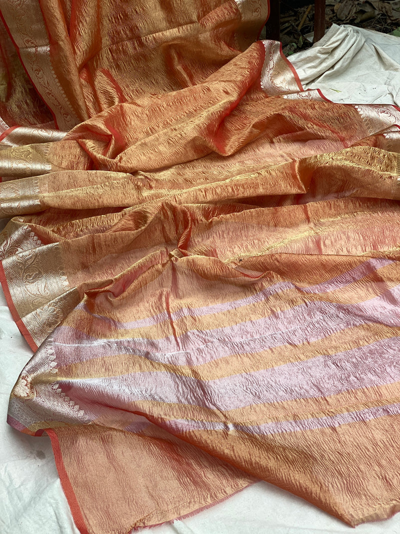 Pinkish Orange Pure Crushed Tissue Handloom Banarasi Saree by Shades Of Benares - banarasi - banarasi saree shop