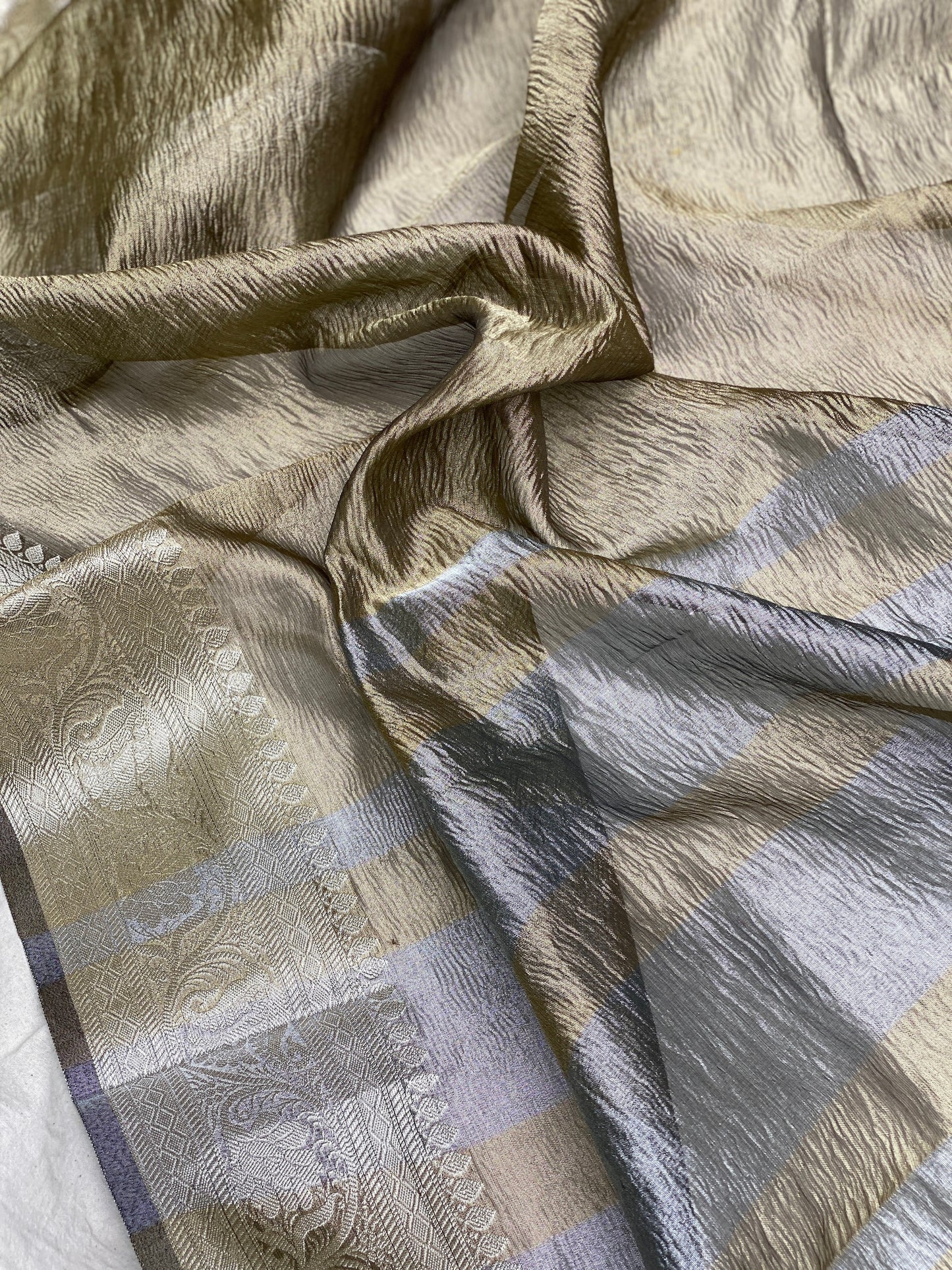 Dark Grey Pure Crushed Tissue Handloom Banarasi Saree by Shades Of Benares - banarasi - banarasi saree shop