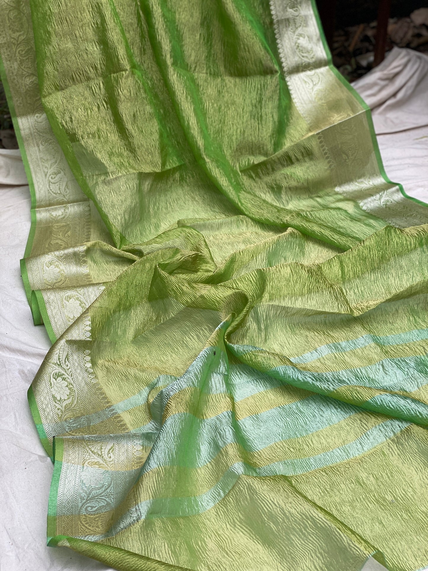 Bright Green Pure Crushed Tissue Handloom Banarasi Saree by Shades Of Benares - banarasi - banarasi saree shop