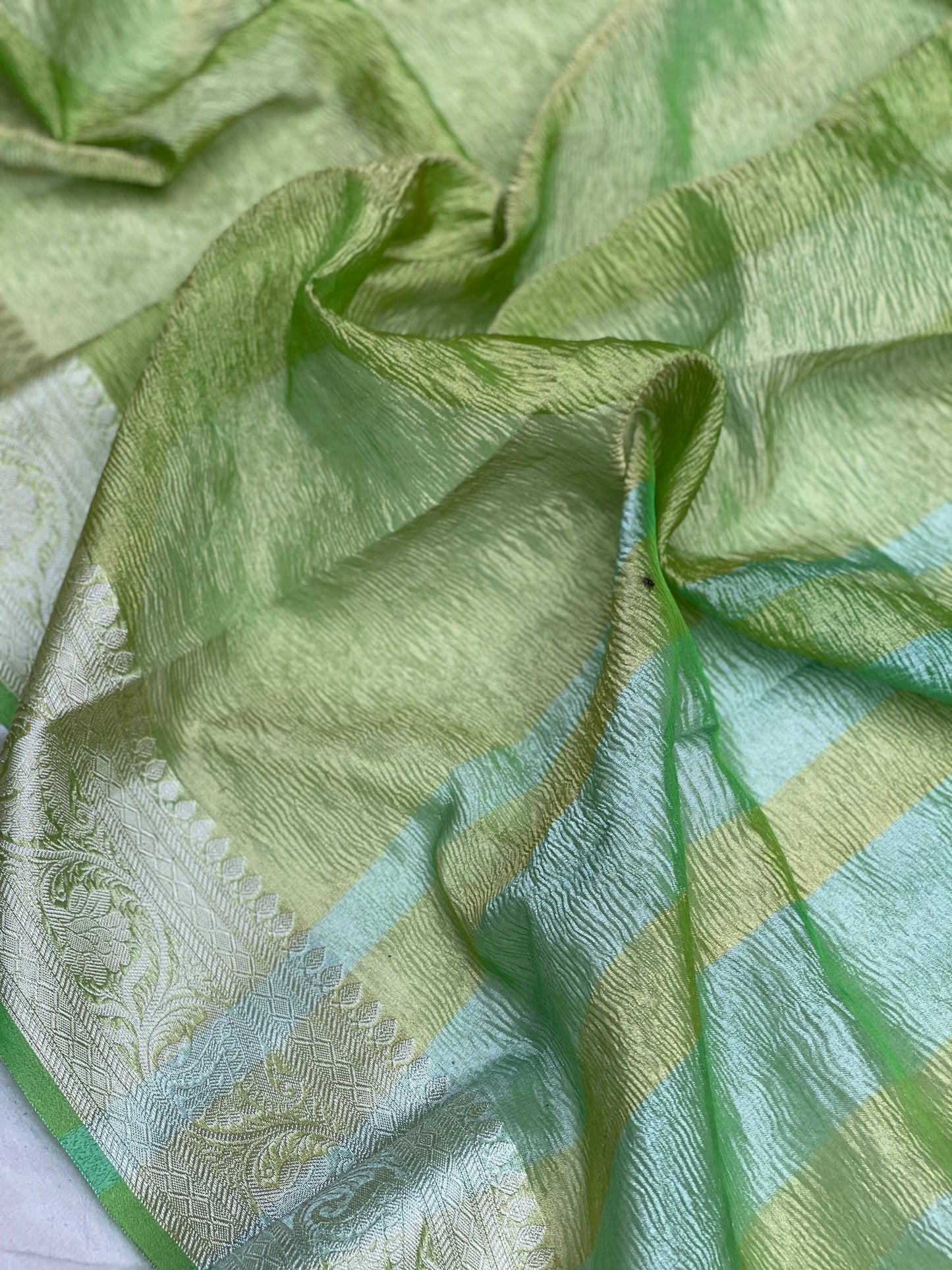 Bright Green Pure Crushed Tissue Handloom Banarasi Saree by Shades Of Benares - banarasi - banarasi saree shop