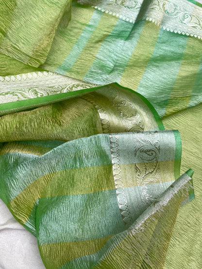 Bright Green Pure Crushed Tissue Handloom Banarasi Saree by Shades Of Benares - banarasi - banarasi saree shop