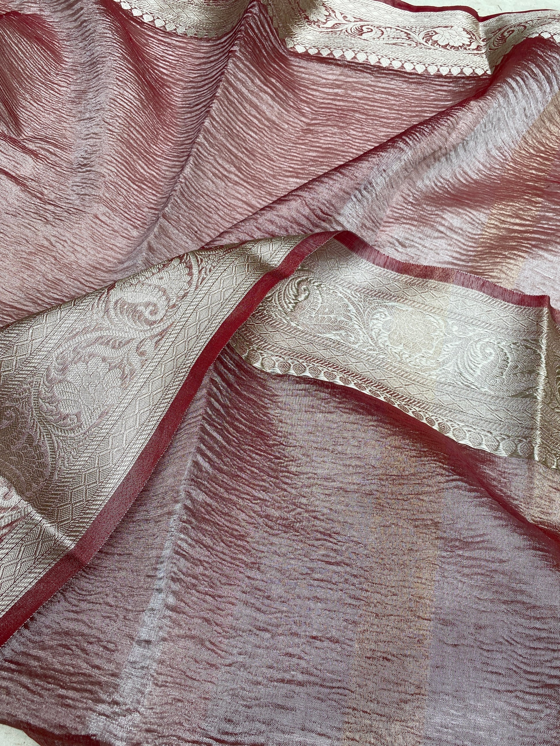 Light Wine Pure Crushed Tissue Handloom Banarasi Saree by Shades Of Benares - banarasi - banarasi saree shop